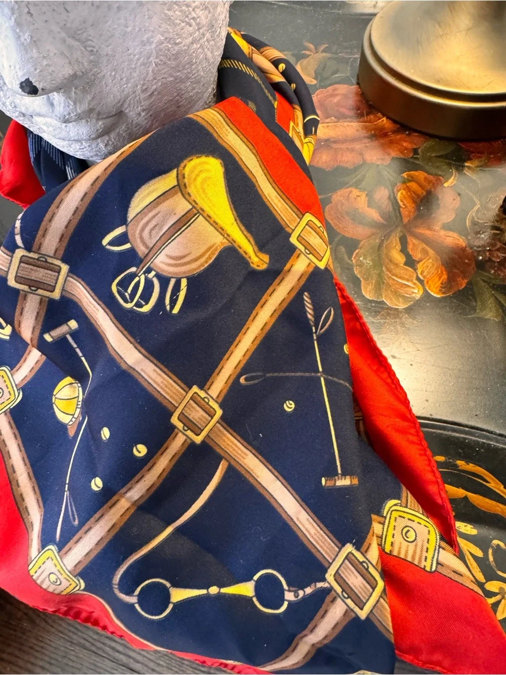 Navy and Red Equine Print Silk Scarf
